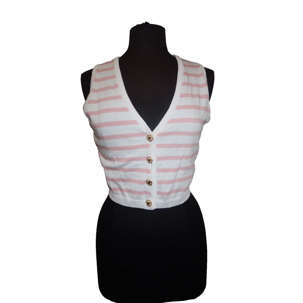 Pink White Striped Knit Vest Top Gold Buttons Preppy Y2K Sleeveless - Small